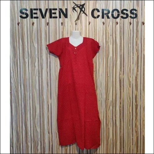 Satin Red Stitched Printed Cotton Nightgown