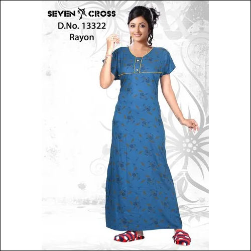 Plain Blue Printed Rayon Nightgown