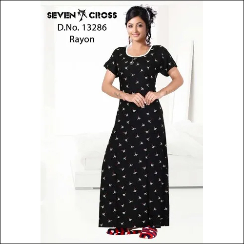 Black Round Neck Printed Rayon Nightgown