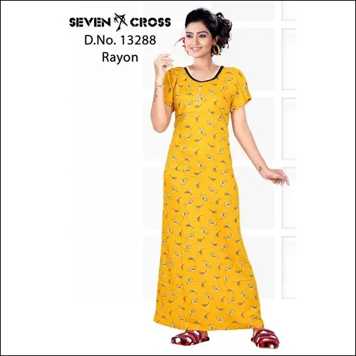 Yellow Stitched Printed Rayon Nightgown