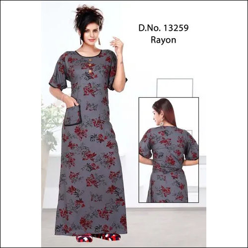 Quick Dry Grey Printed Rayon Nightgown