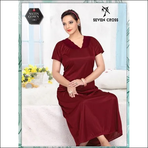 Maroon Plain Satin Nightgown