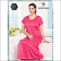 Pink Plain Satin Nightgown - Satin Material, Size S | Soft Short Sleeves, Elegant Pink Design, Ideal For Summer Evenings