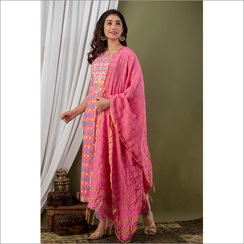 Pink Cotton Embroidery Anarkali Suit