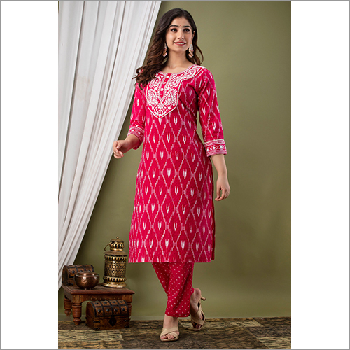 Pink Embroidery Cotton Pant Suit