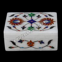 Marble Jewelry Box - 5x3x2 Inches | Polished White Finish With Semi-precious Stone Inlay