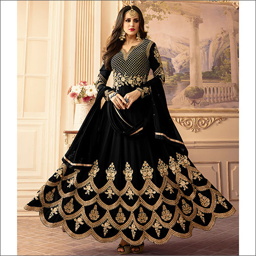 Designer Semi Stitched Georgette Shantoon Gown Suit - Color: Black