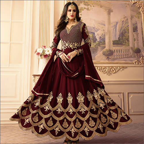 Maroon Semi Stitched Georgette Gown Suit