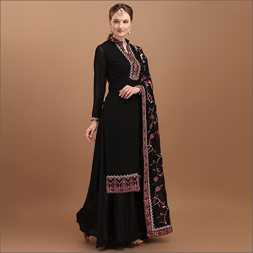 Black Semi Stitched Georgette Palazzo Suit