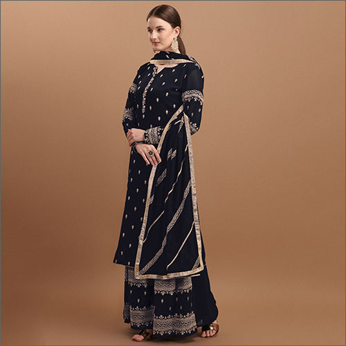 Ladies Semi Stitched Georgette Black Palazzo Suit Decoration Material: Beads