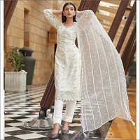 White Ladies Semi Stitched Muslin Silk Pant Suit