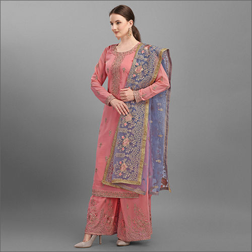 Ladies Semi Stitched Georgette Pink Palazzo Suit