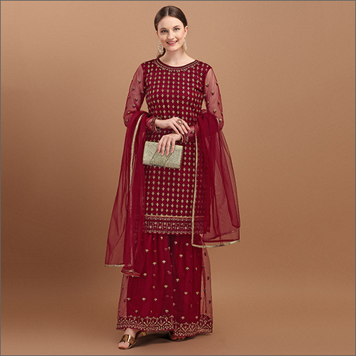 Modern Semi Stitched Net Sharara Suit