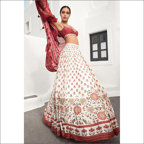 White And Red Designer Semi Stitched Silk Lahenga