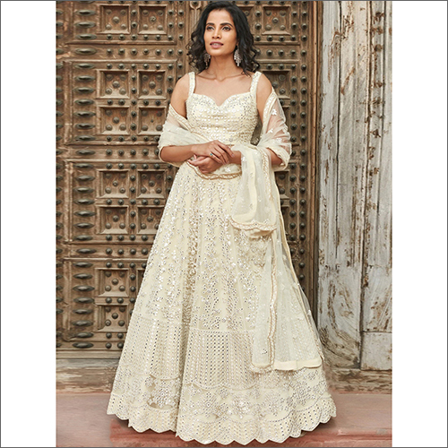 White Semi Stitched Net Lahenga