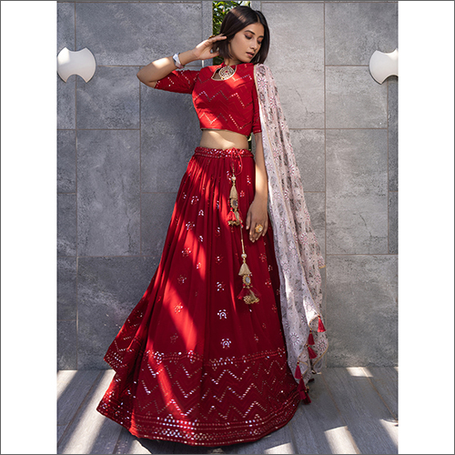 Red Readymade Georgette Lahenga