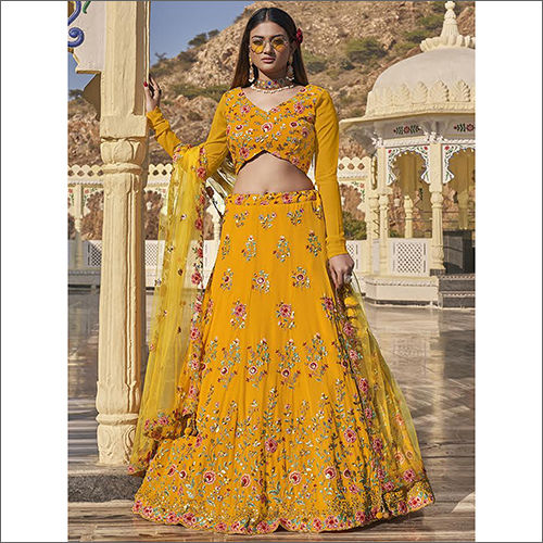 Yellow Semi Stitched Georgette Embroidered Lehenga