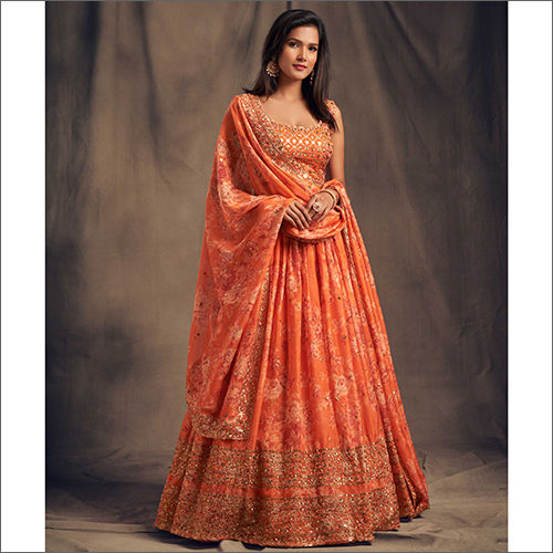 Orange Organza Lahenga With Organza Dupatta