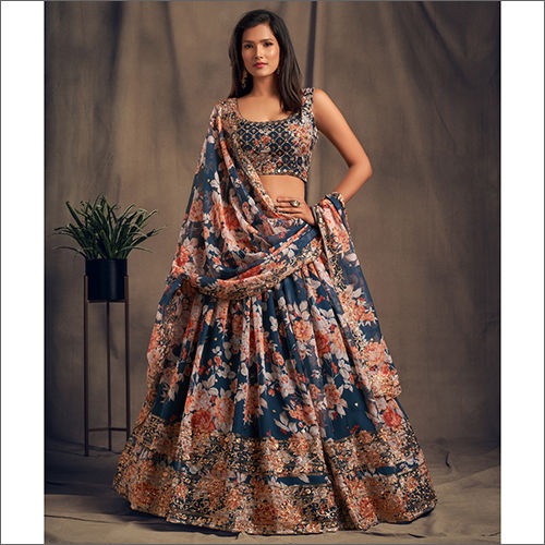 Blue Modern Organza Lahenga With Organza Dupatta