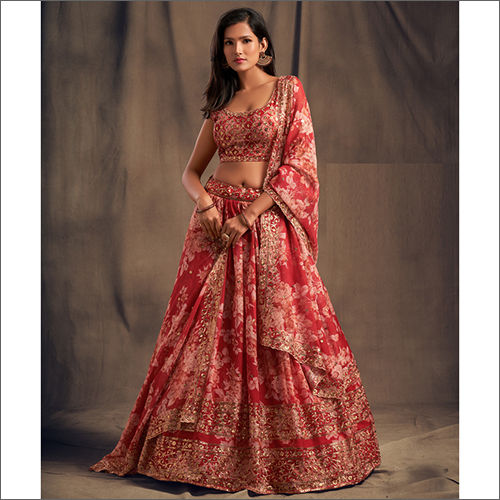 Red Ladies Organza Lahenga With Organza Dupatta