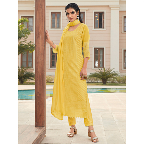 Yellow  Georgette Kurti With Cotton Dupatta