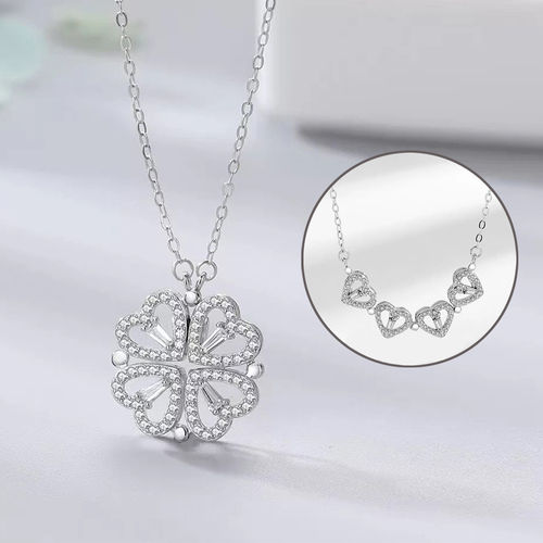 Silver Two In One Magnetic Hearts Clover Pendant Necklace