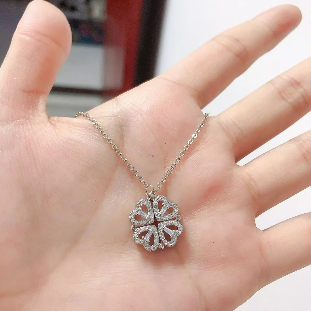 Silver Two In One Magnetic Hearts Clover Pendant Necklace