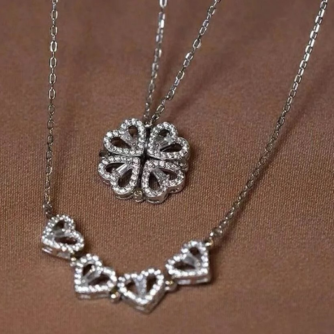 Silver Two In One Magnetic Hearts Clover Pendant Necklace