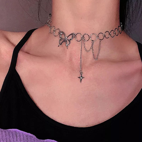 Silver Punk Geometric Circle Star Tassel Butterfly Choker Necklace