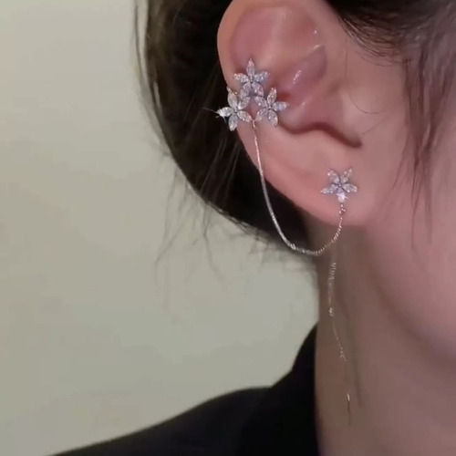 Korean Studded Three Flowers Chain Ear Cuff Stud Earrings