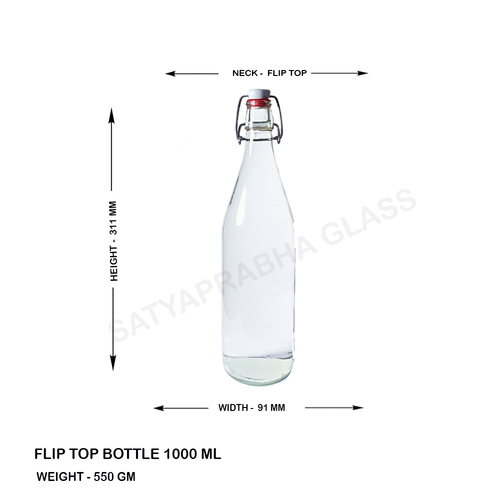 1000 ml Glass Water Bottle - 1000 ml Capacity, 91 mm Diameter, 311 mm Height, Narrow Flip Top Lid, Multi Color Options | Decorative and Functional Use