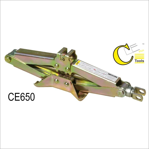 CE650 Mild Steel Indica Scissors Jack - 450mm Height, 1.2 Tonne Capacity, Golden Color, Single Piece Handle Assembly, 2.8kg Lightweight