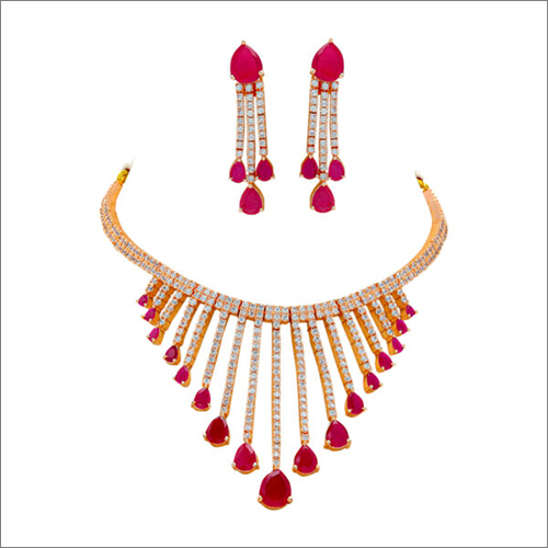 Gold Necklace And Earring Set - Ruby and Other Stones, Elegant Design for Women, Perfect for Parties and Gifts