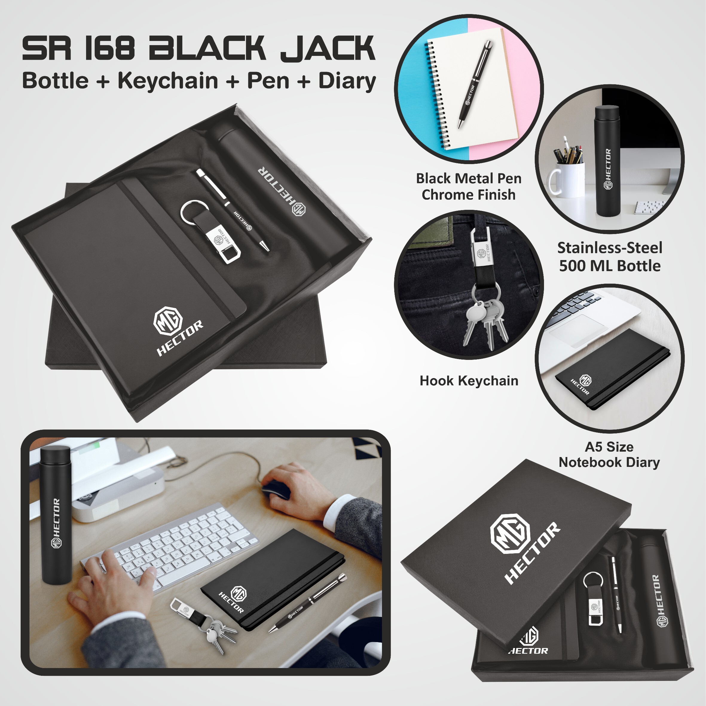 4 in 1 Pen Diary Bottle And Keychain Combo Set Sr 168 Black Jack