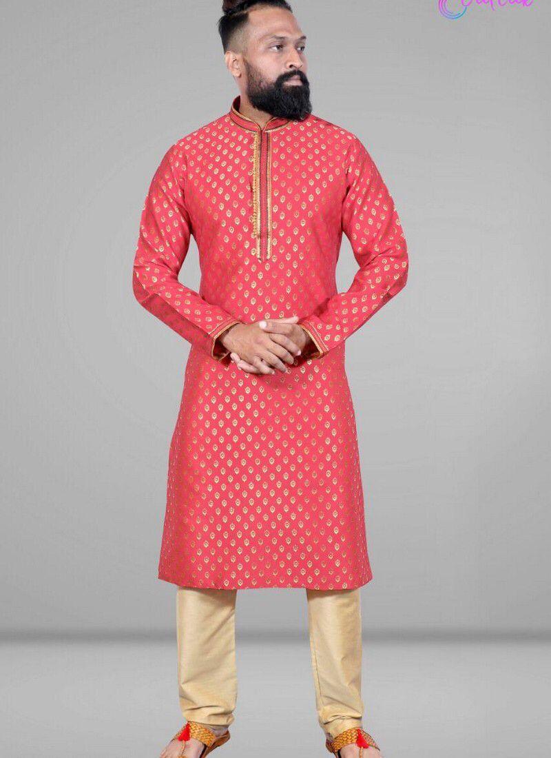 Mens Pure Silk Butti Jacquard Kurtas And Pajamas...
