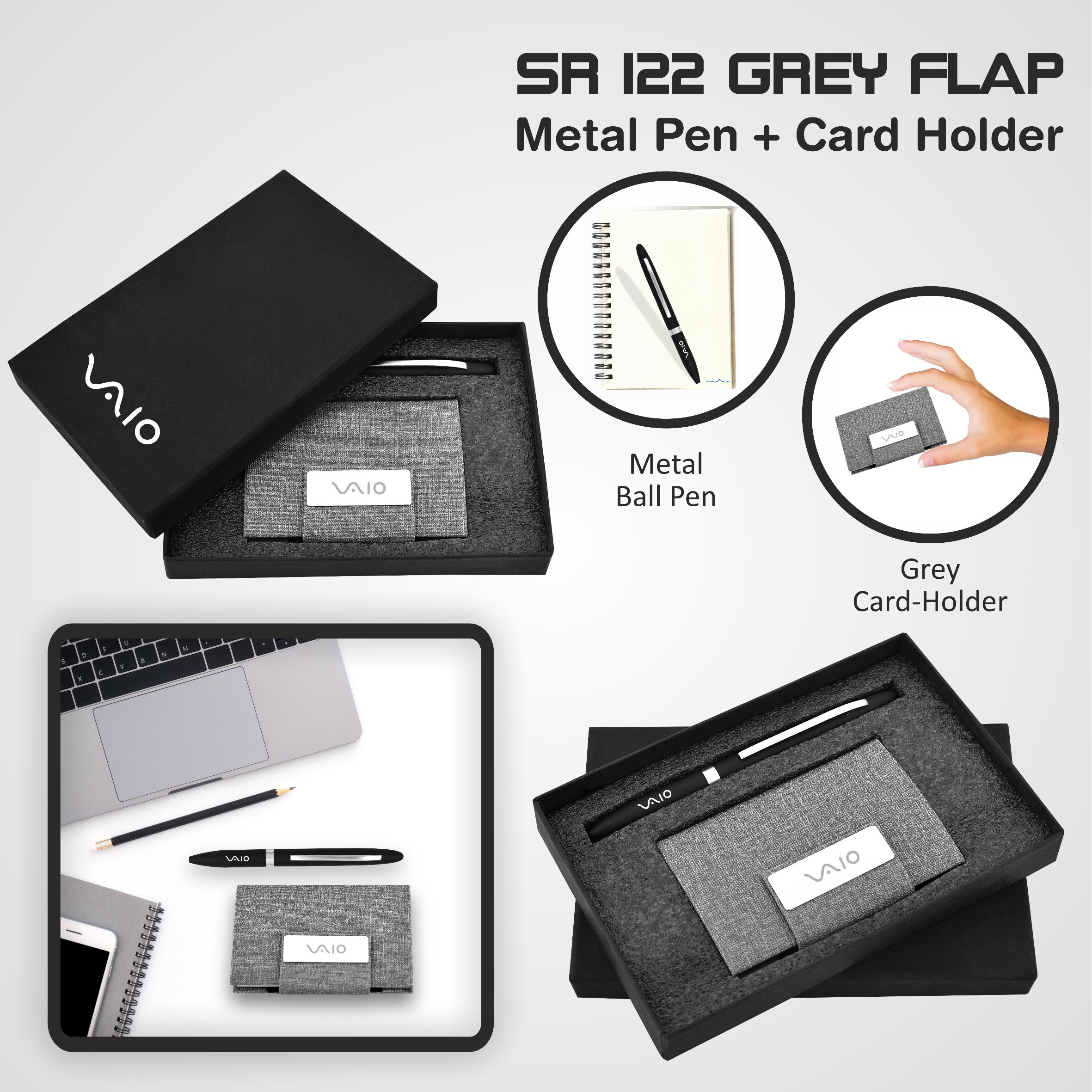 2 in 1 Pen Cardholder Combo Gift Set Sr 122 Grey Flap
