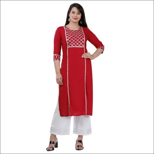 Red Rayon Dyed Kurti Gota Work