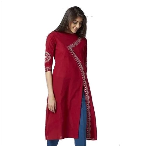 Rayon Embroidered Kurti - Rayon Fabric, Customized Size, Red Color, 3/4 Sleeve Style, Casual Daily Wear | Washable, Modern Design, Elegant Embroidery