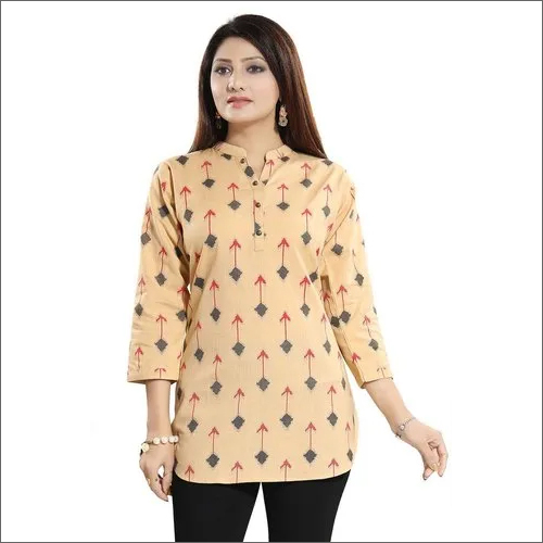 Cotton Printed Short Kurti - Cotton, M/L/XL/XXL, Peach | 3/4th Sleeve, Casual and Work Wear, Modern Style, Washable, Customized Logo