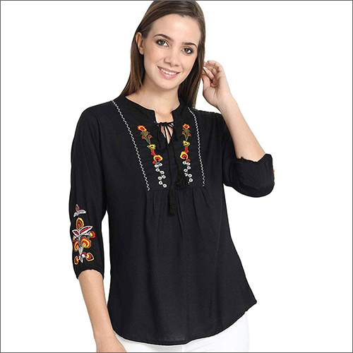 Cotton Dyed Embroidered Top - Cotton, Different Sizes, Black | Elegant Embroidery, Flattering Fit, Versatile for Casual & Semi-Formal Events