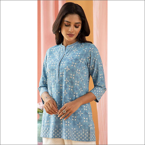 Printed Cotton Top - Premium Cotton, Different Sizes, Vibrant Blue Embroidered Patterns | Ideal for Casual Summer Outings, Effortlessly Stylish and Comfortable
