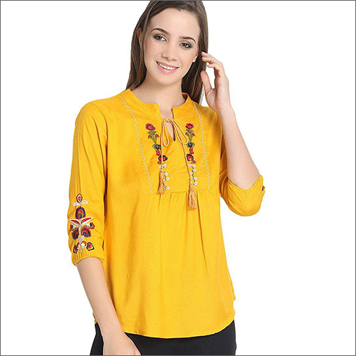 Designer Top - Embroidered Yellow Cotton Blend Summer Collection Flattering Fit for Daily Wear and Elegant Occasions
