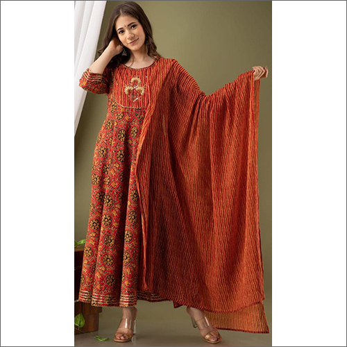 Orange Ladies Printed Anarkali Suit