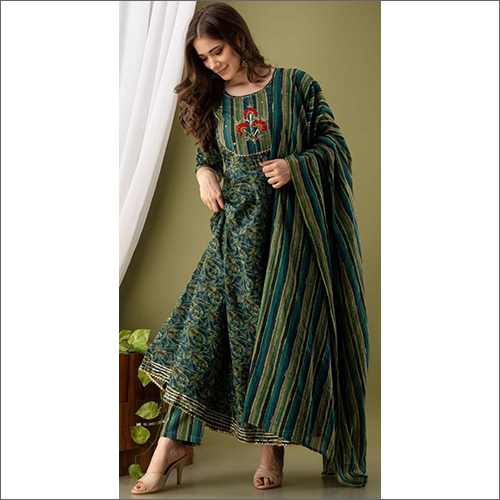 Ladies Fancy Anarkali Suit - Cotton Fabric, Customized Size, Green Color | Elegant Full Sleeves, Washable, Printed Pattern, Ideal for Summer Events