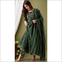 Ladies Fancy Anarkali Suit - Cotton Fabric, Customized Size, Green Color | Elegant Full Sleeves, Washable, Printed Pattern, Ideal For Summer Events