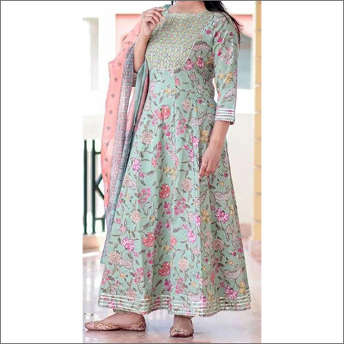 Pink And Blue Printed Cotton Anarkali Suit