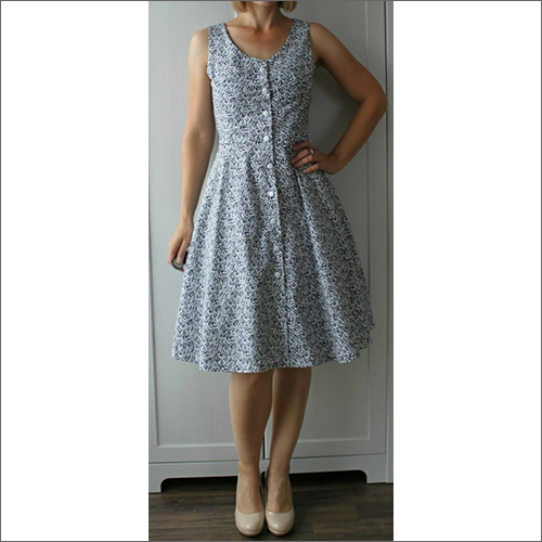 Cotton Printed Knee-Length Dress - Cotton, Customized Size, Blue | Soft, Washable, Short Sleeves, Lightweight, Versatile for Casual and Semi-Formal Events
