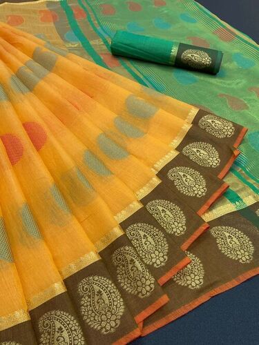 Multicolor Mango Butta Yellow Cotton Silk Saree