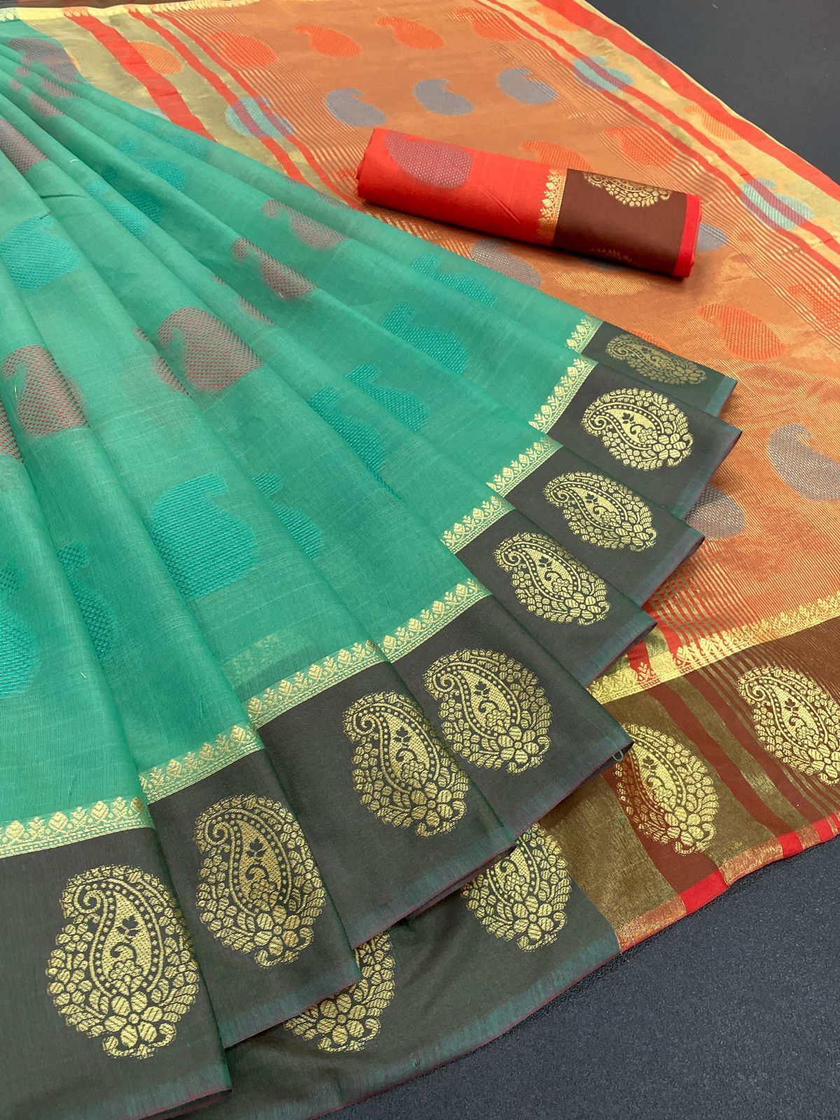 Mango Butta Yellow Cotton Silk Saree
