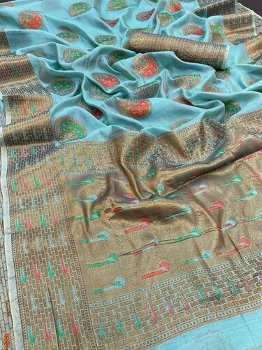 Hockey Sky-Blue Organza Saree